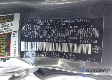 2017 Toyota Avalon Xle Plus/Premium/Tour/Ltd z USA, uszkodzony, nr VIN 4T1BK1EB9HU260433